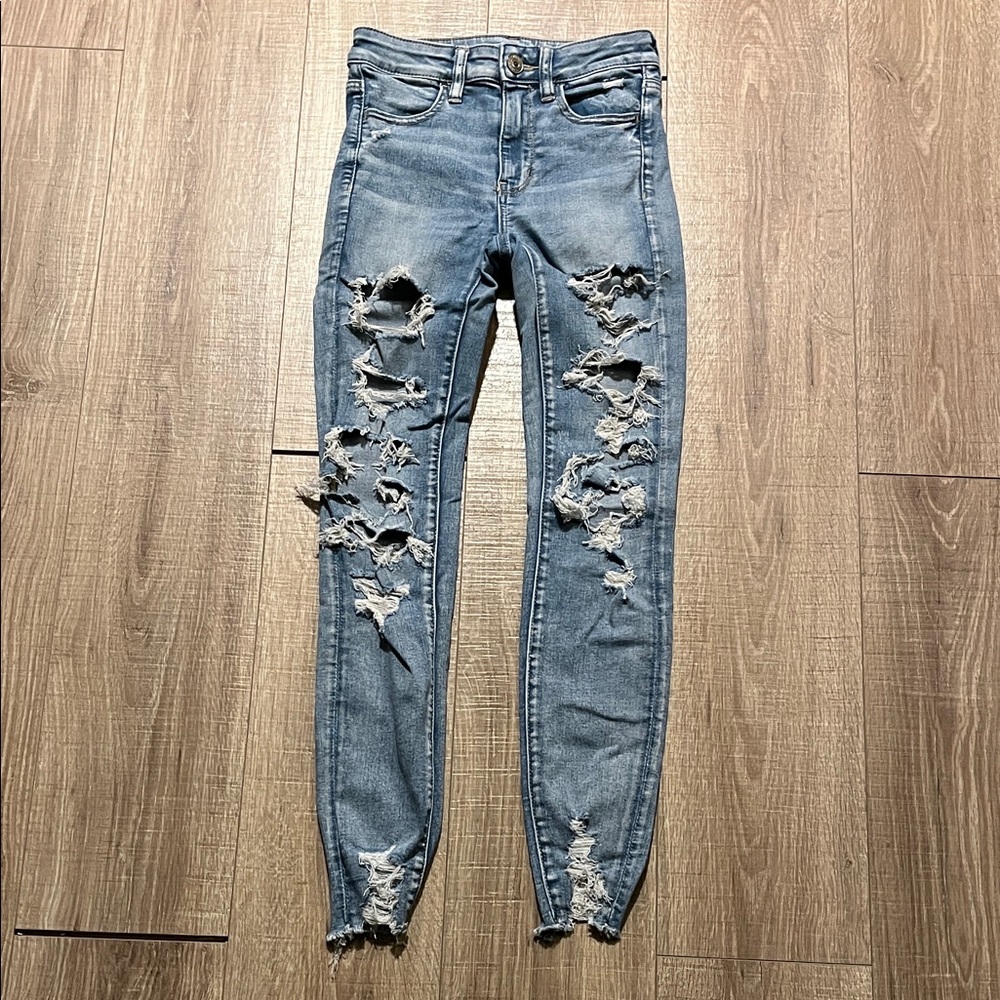 Women’s American Eagle Outfitters Hi Rise Blue Distressed Skinny Jeggings Size 2
